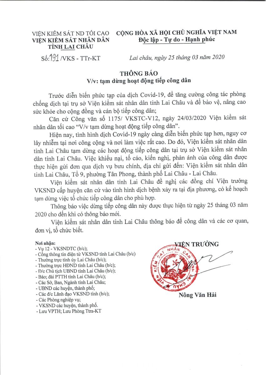 Thông báo tạm dừng tiếp công dân của VKSND tỉnh lai Châu